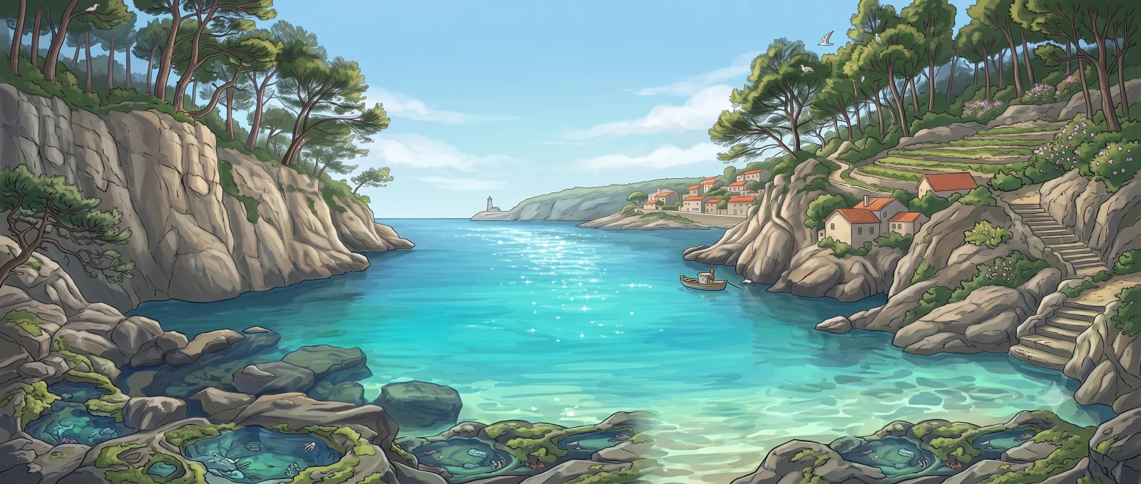 Azure Cove: a turquoise inlet between limestone cliffs and pines.