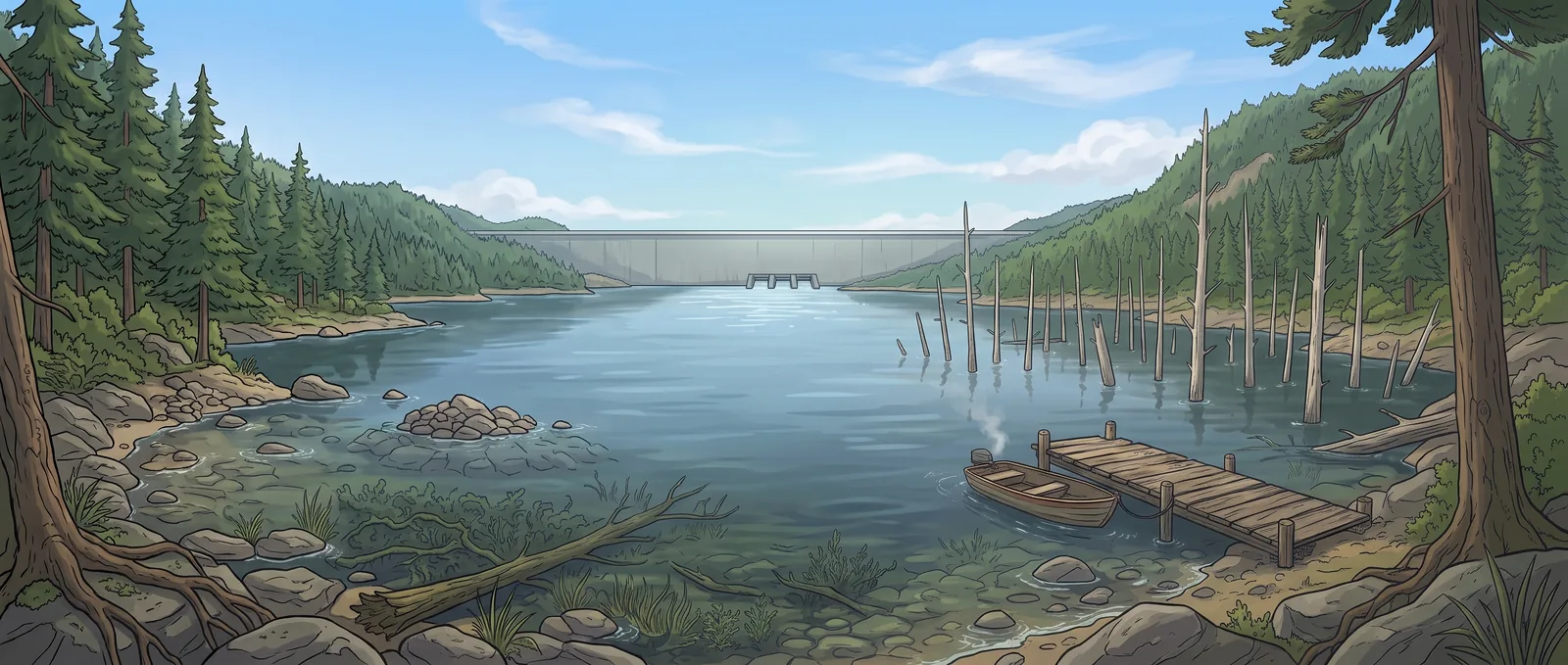 The Great Dam: a drowned valley bristling with dead trunks before a concrete wall.