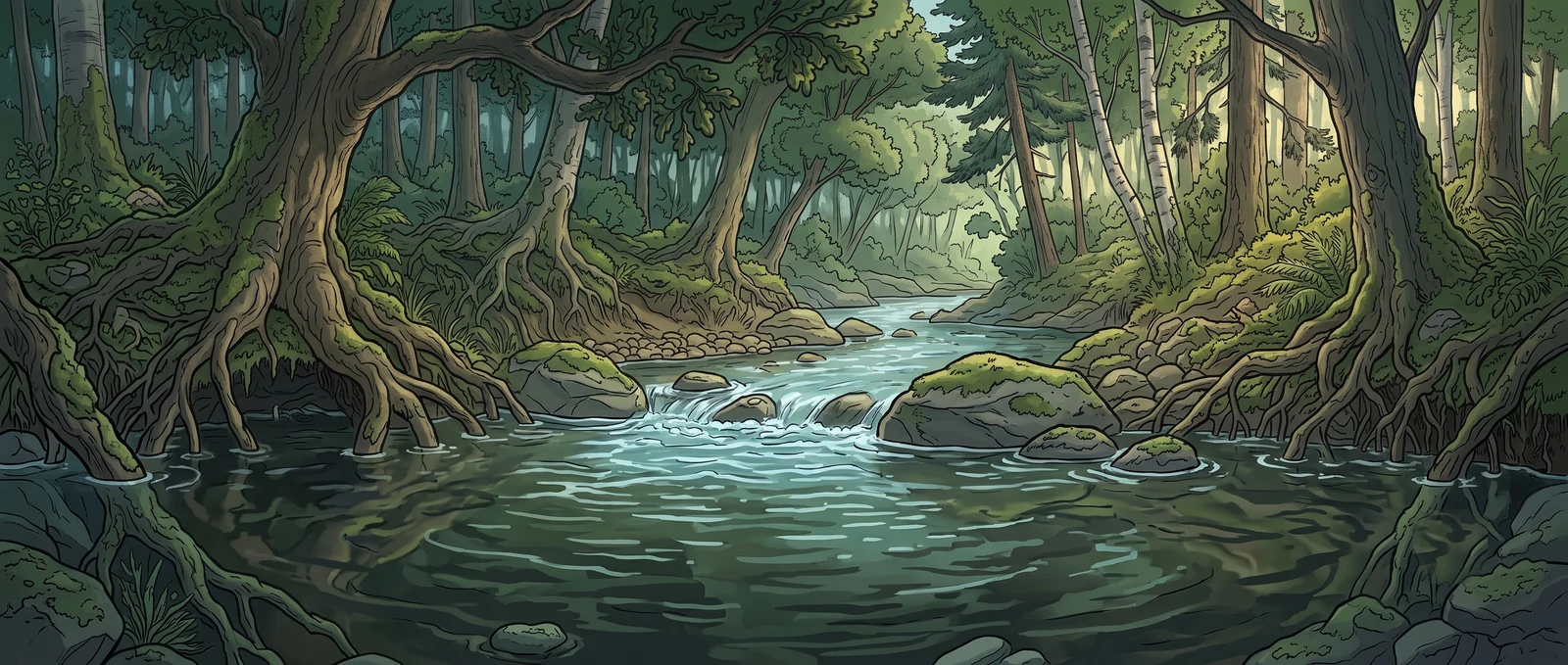 Sylvan River: a forest river running between roots and boulders.