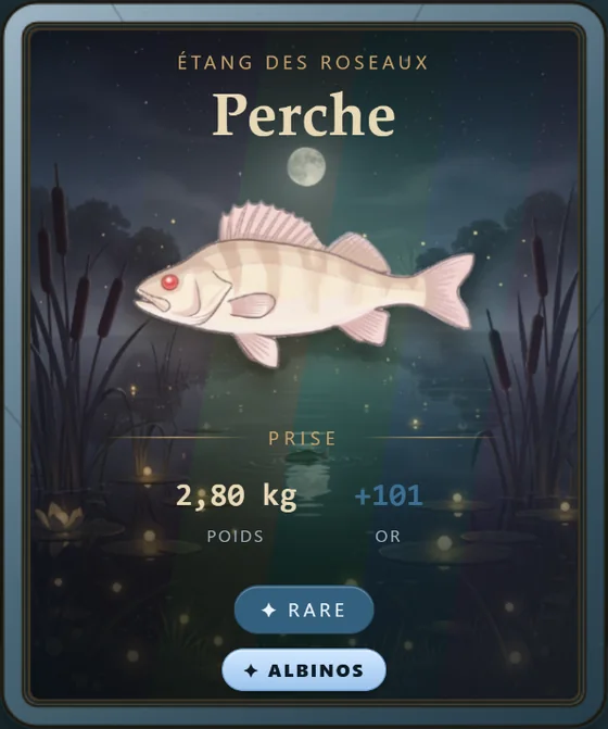 Carte de prise perche, morphe albinos, une perche blanche.
