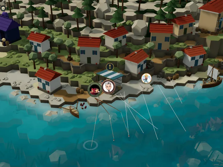 Several anglers on a village bank, their avatar markers above them and their lines fanned out across the water.