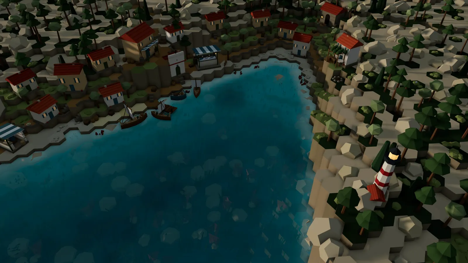 Azure Cove at sundown: low light raking across the village roofs, boats at the quay and the lighthouse lit.