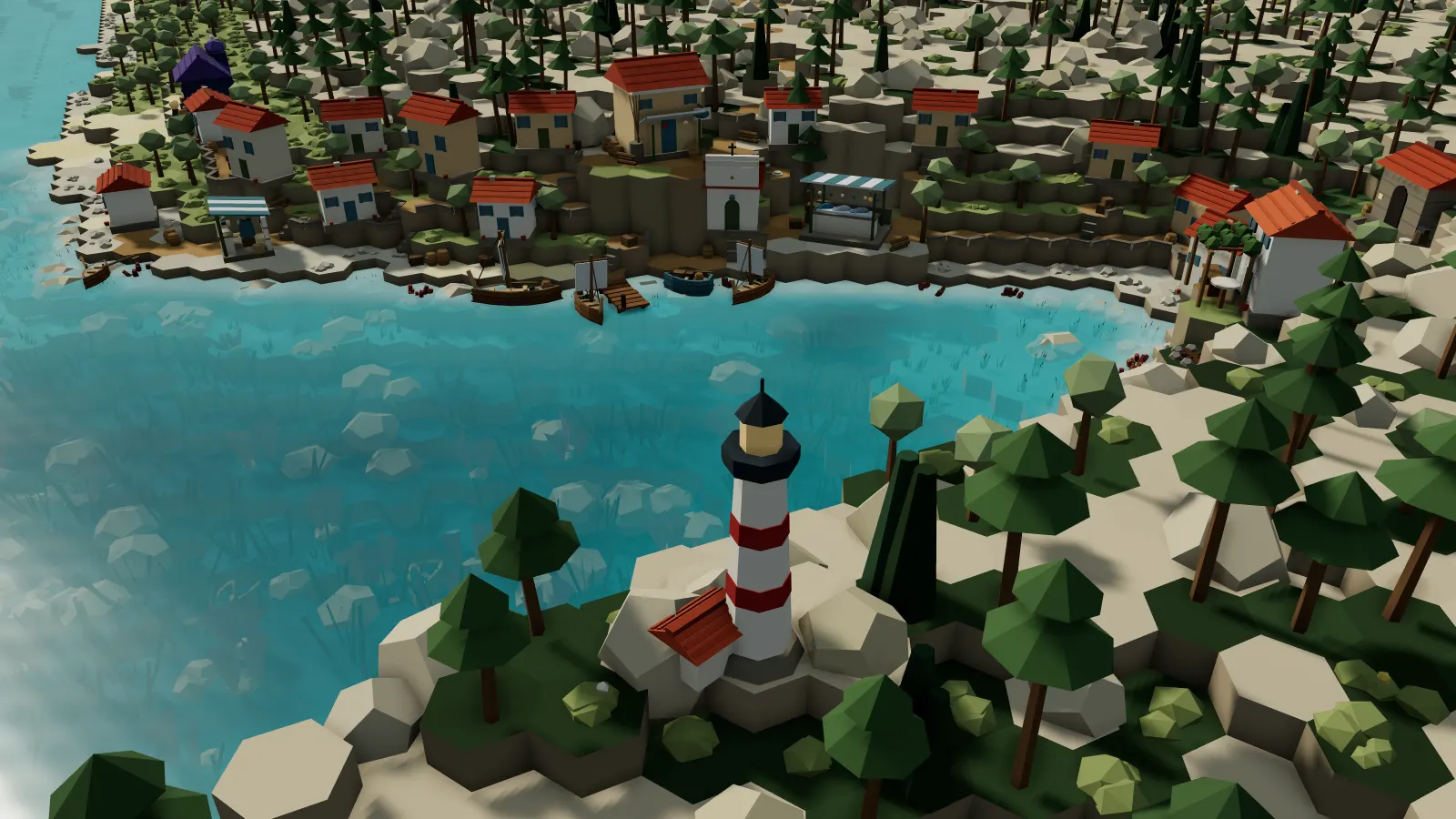 Azure Cove late in the day: a red-roofed village above turquoise water, boats at the quay and a lighthouse on the cliff.