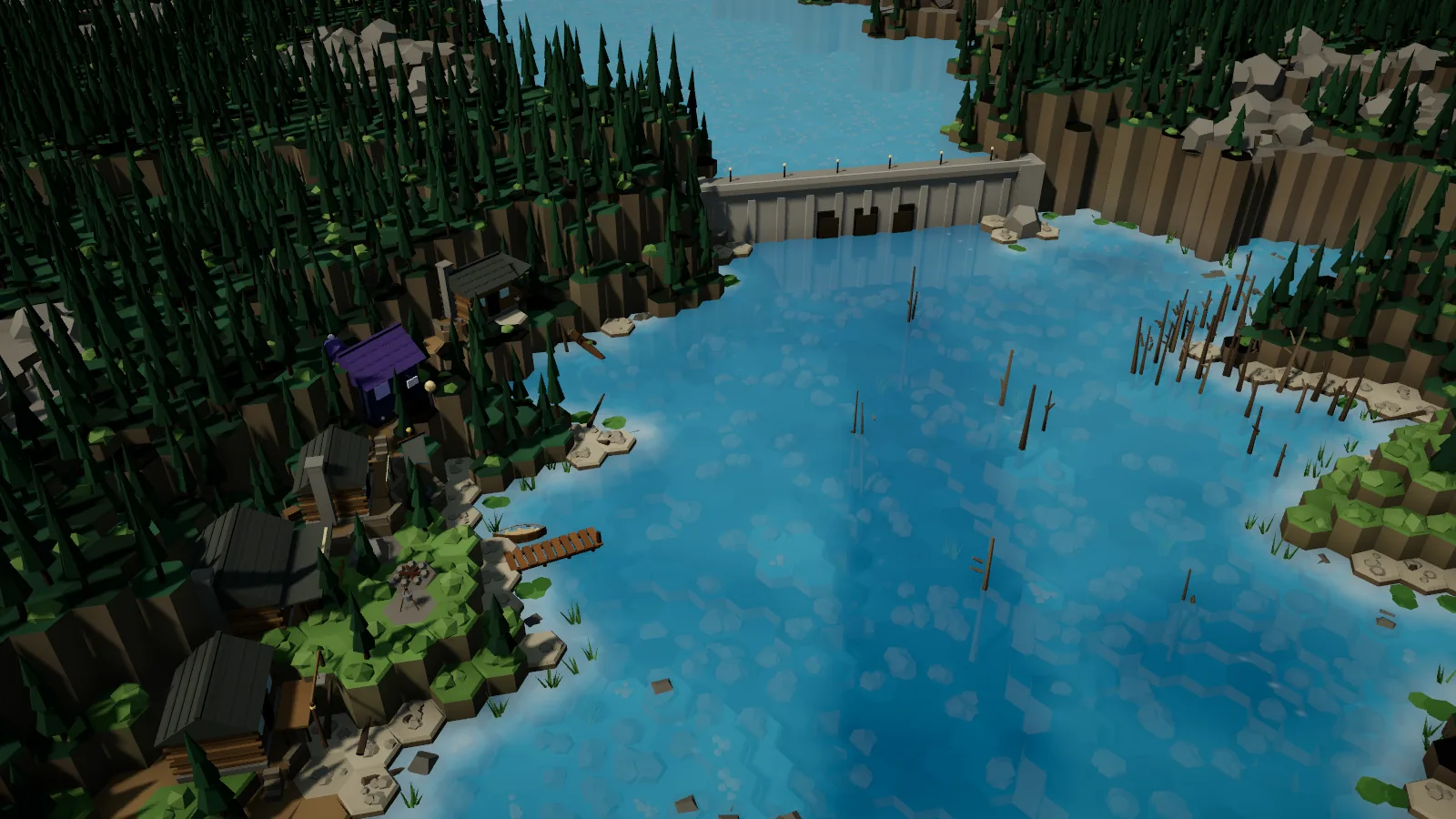 The Great Dam in the afternoon: the reservoir wall, the drowned forest and the fishing village clinging to the cliff.