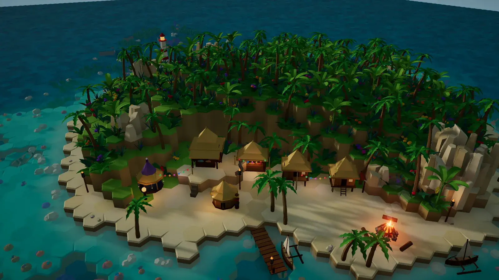 Coral Island at sundown: the bonfire lit on the beach, the village string lights and the turquoise lagoon.