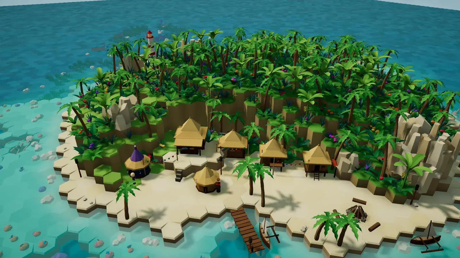 Coral Island in the afternoon: a white sand beach, huts at the foot of the jungle, a jetty and outrigger canoes above the reef.