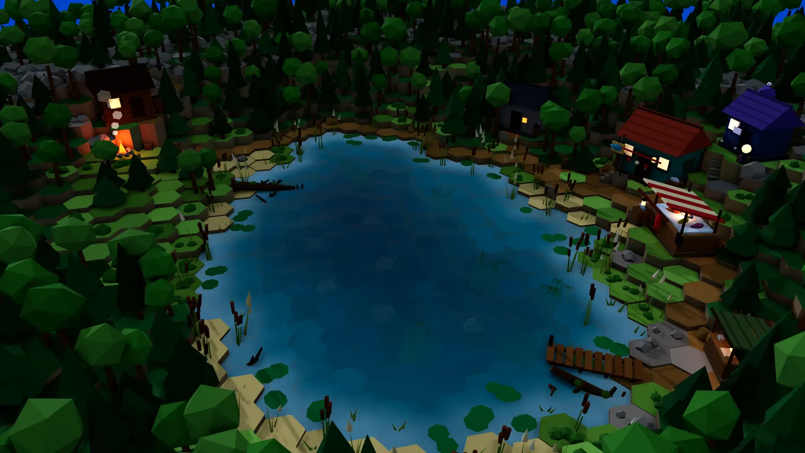 Reedmere Pond at night: a campfire on the bank, the shop windows lit and a lantern over the tackle stall.