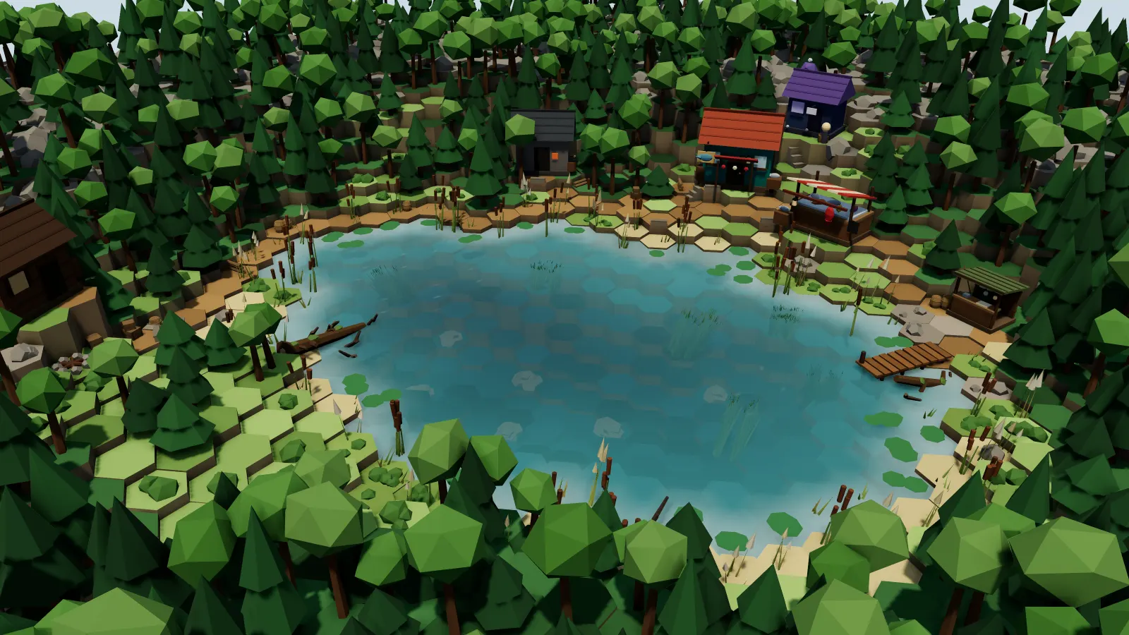 Reedmere Pond: a pond ringed with pines, a shop, a tackle stall and a jetty on the bank.