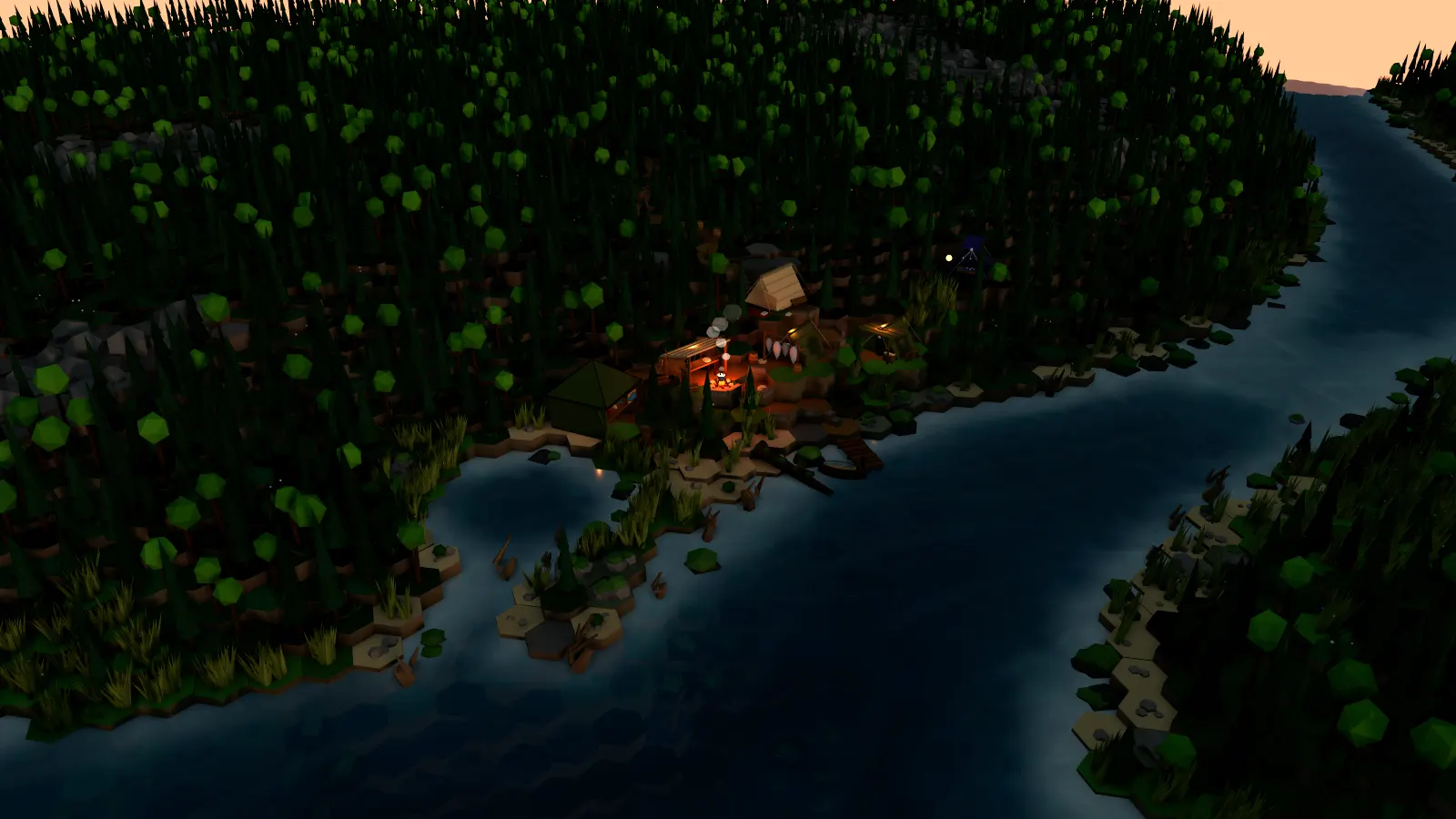 Sylvan River at dawn: a pink sky above the firs and the fishing camp’s fire still burning.