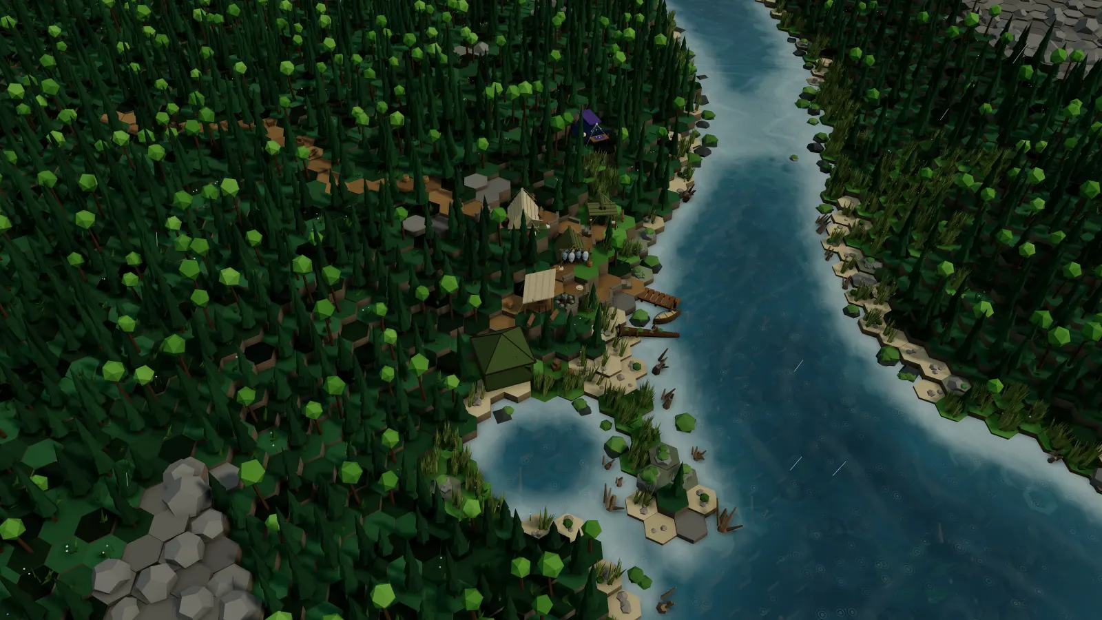 Sylvan River in the rain: a bend lined with firs, a fishing camp on the bank and rain rings on the water.